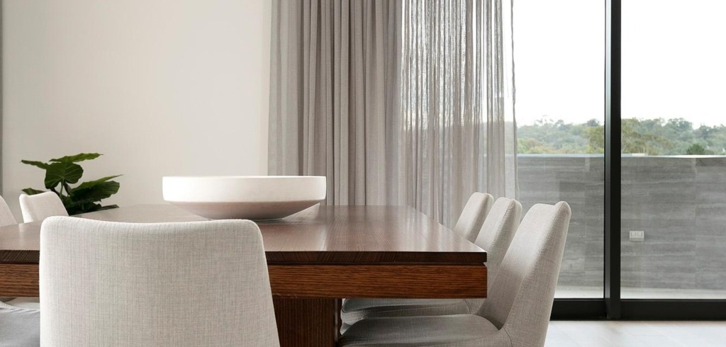 S fold sheer curtains in Nettex fabric - Bali Ash Dining